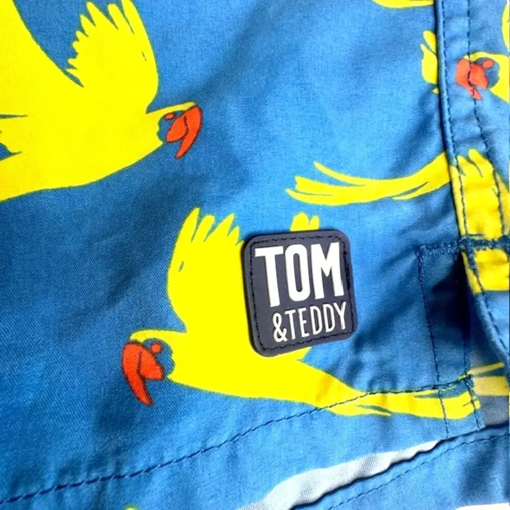 Tom & Teddy Flying Parrots Swim Shorts Men’s M Blue Yellow UPF 50 Mesh Lined
